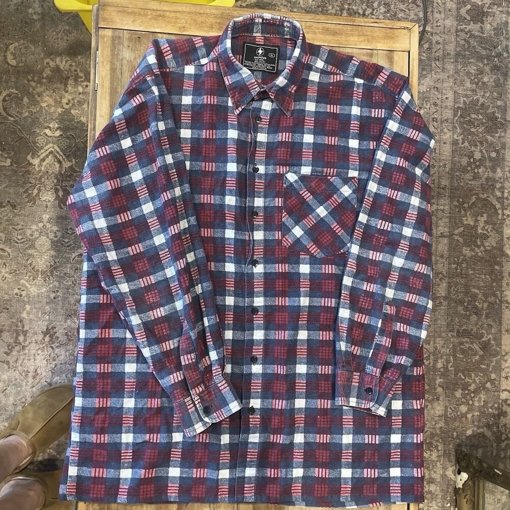 Thunder Mens XL Plaid Flannel Button Down Shirt Red Blue White 100% Cotton
